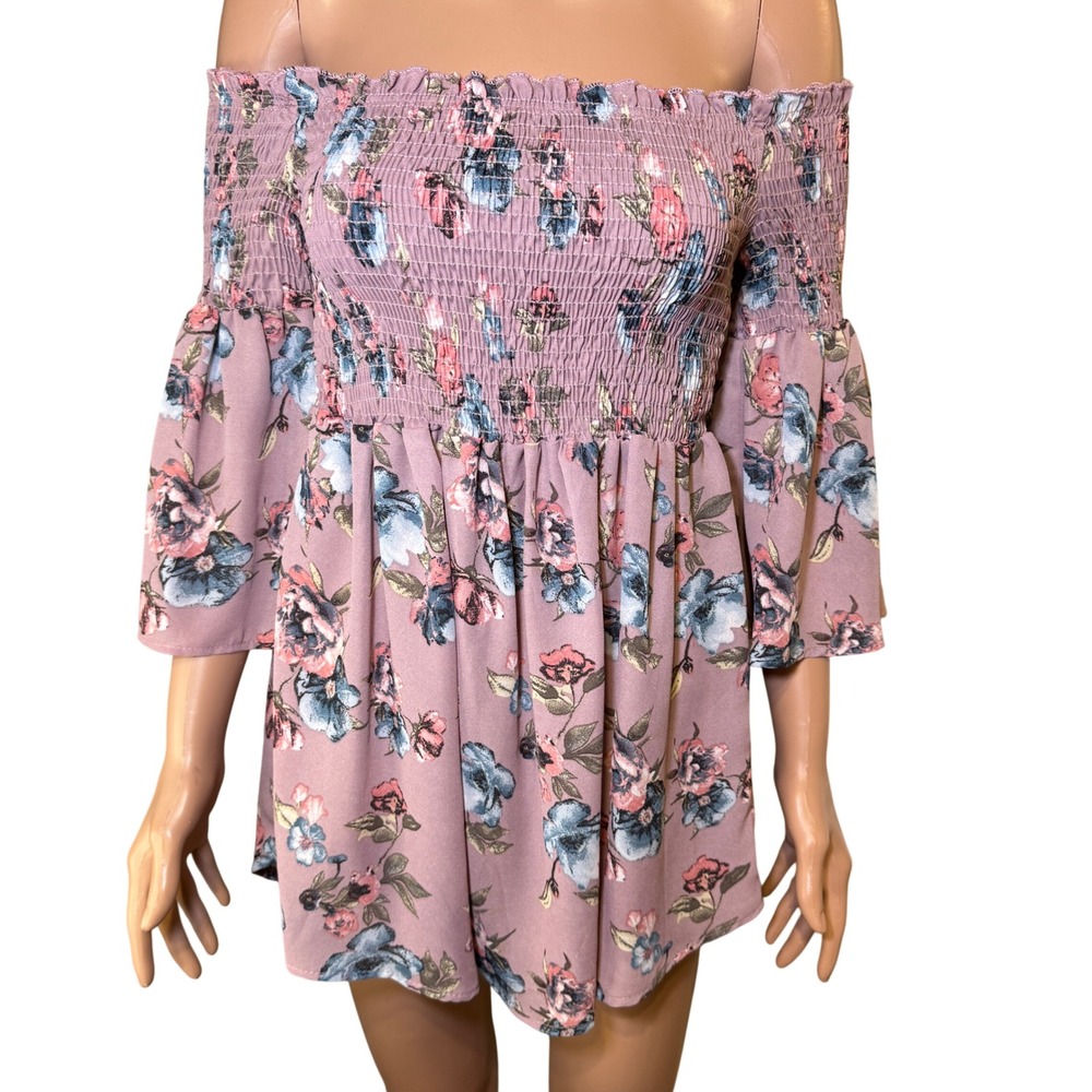 My Story Womens Off Shoulder Smocked Floral Bell Sleeve Top Mauve Pink Size S